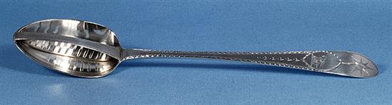 A George III Irish silver strainer spoon, by John Osborne, Length; 315mm Weight: 4.5oz/140 grms